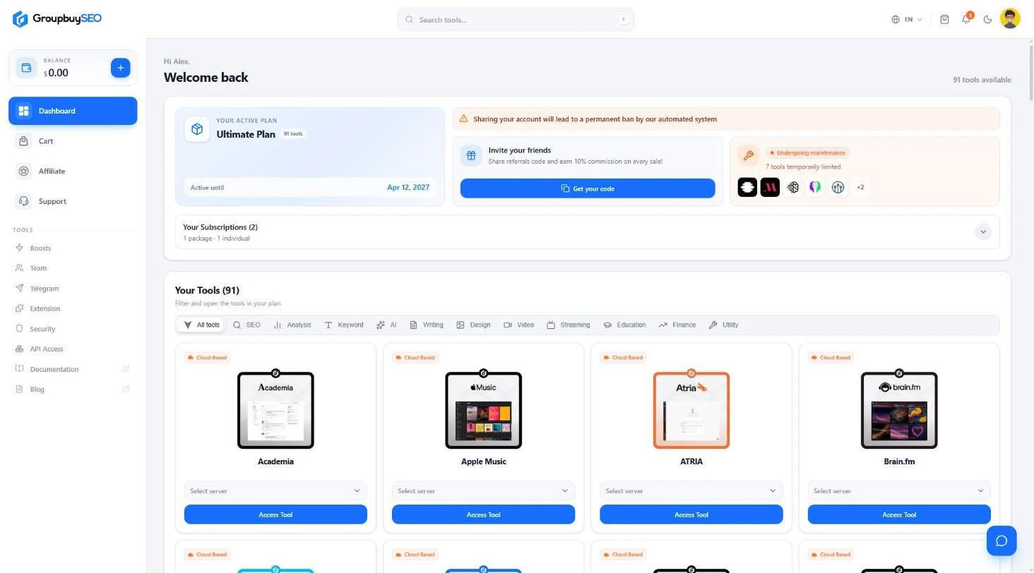 Кабинет GroupbuySEO со всеми инструментами тарифа Ultimate
